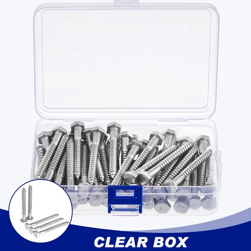 Vista 4 de Blulu 60 tornillos de retraso de cabeza hexagonal de 1/4 pulgadas x 2-1/2 pulgadas, tornillos de retraso de acero inoxidable 304 para madera Plateado