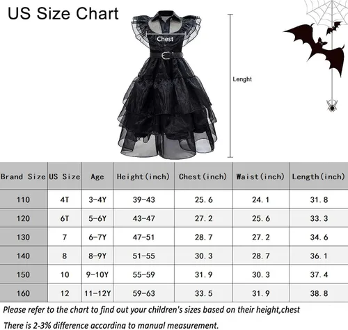 Vista 6 de Magwei Wednesday Addams Costume Dress for Kids Girls, Addams Family Cosplay Halloween Party Dress Up Suit 3-12Y