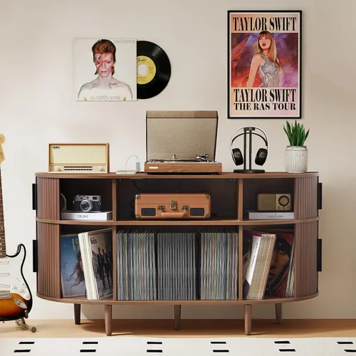 Vista 10 de Soporte para tocadiscos de 45.3 pulgadas con almacenamiento de vinilo, mesa giratoria de madera con capacidad para hasta 350 álbumes, moderno