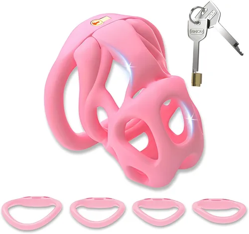 Vista 8 de Jaula de castidad masculina – Jaula de pene con cerradura invisible empotrada con 4 anillos de diferentes tamaños y 2 llaves, juguetes sexuales