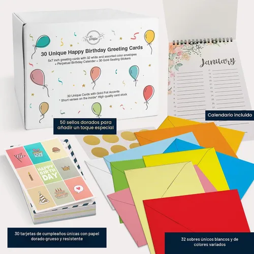 Vista 6 de Dessie 30 tarjetas únicas de feliz cumpleaños 5x7 - Tarjetas de cumpleaños a granel con lámina dorada con mensaje en el interior. 32 sobres blancos