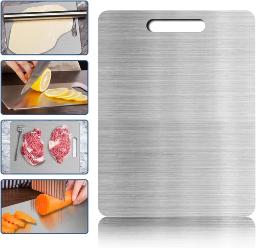 Vista 6 de Tabla de cortar de titanio, tablas de cortar de acero inoxidable para cocina, tabla de cortar 304 de grado alimenticio de doble cara para carne