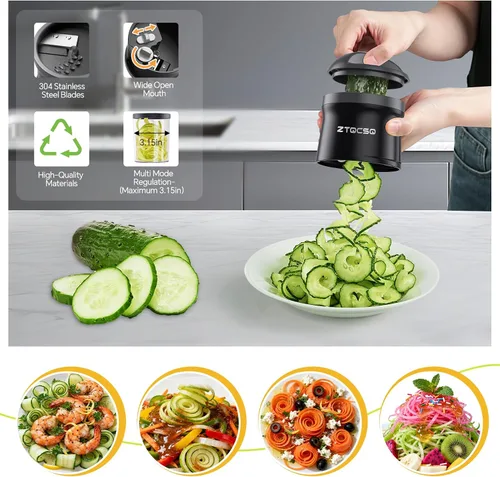 Vista 2 de Cortador espiralizador de verduras 4 en 1, grosor ajustable de 0.000-0.118 in, espiralizador de calabacín para preparar fideos vegetarianos