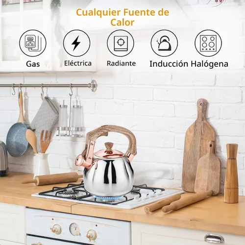 Vista 4 de Hervidor de té de acero inoxidable para estufa con mango ergonómico a prueba de calor y silbato de 2.5 cuartos