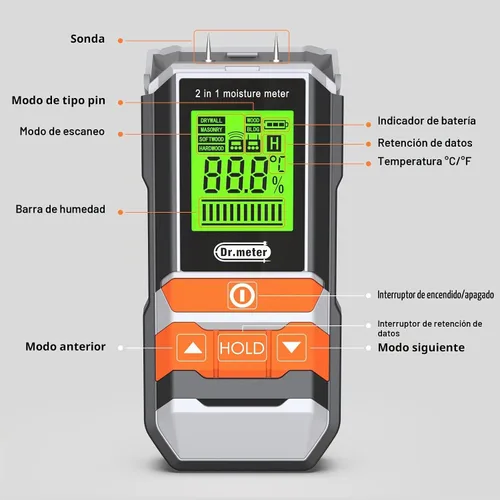 Vista 7 de Dr.meter Medidor de Humedad de Madera, 2 en 1 Probador de Humedad con y sin Punta, Sensor Digital de Humedad para Madera, Leña, Yeso, Papel, Piso