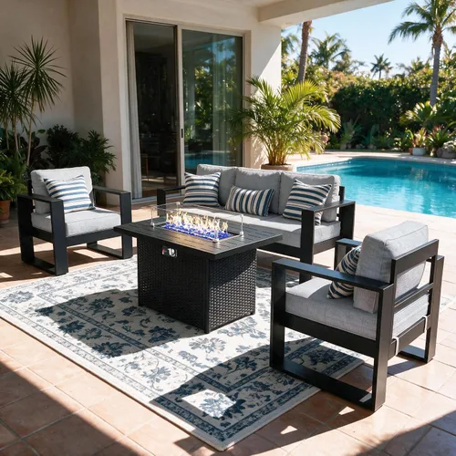 Vista 17 de LayinSun - Juego de muebles de patio de aluminio para exteriores de 4 piezas, sofá de conversación moderno de metal con mesa de café y cojines Negro