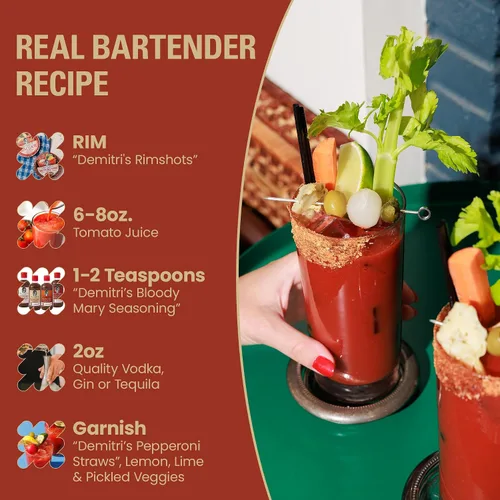 Vista 4 de Demitri's Bloody Mary Mixes - Paquete variado de 8 onzas, juego de 4 Classic Receipe, Extra Horseradish, Chillies & Pepper, Chipotle habañero