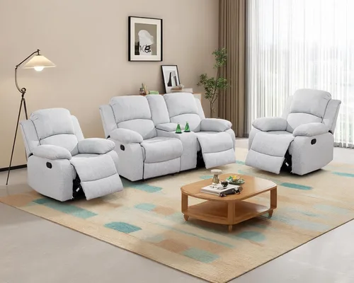 Vista 33 de Juego de sofá reclinable manual para sala de estar, juego de muebles de 3 piezas, sofá reclinable de tela Courduroy y dos sillas con mesa Azul