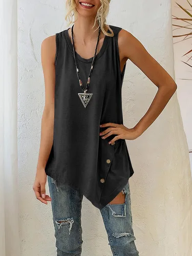 Vista 4 de LYANER Camiseta sin mangas de verano para mujer, cuello redondo, dobladillo asimétrico, sin mangas