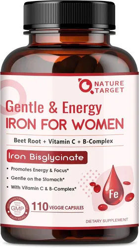 Vista 10 de NATURE TARGET Suplemento de hierro para mujeres, 25 mg de bisglicinato