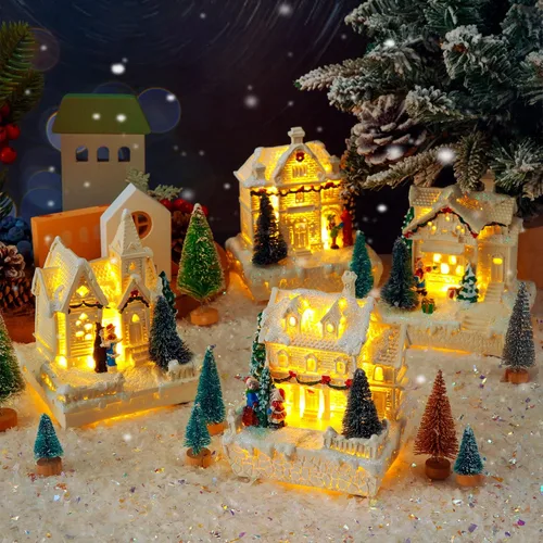 Vista 4 de Tuanse Juego de 15 piezas de accesorios de pueblo de Navidad, 4 casas de pueblo iluminadas con LED, 10 árboles esmerilados de 3.5 onzas, nieve falsa