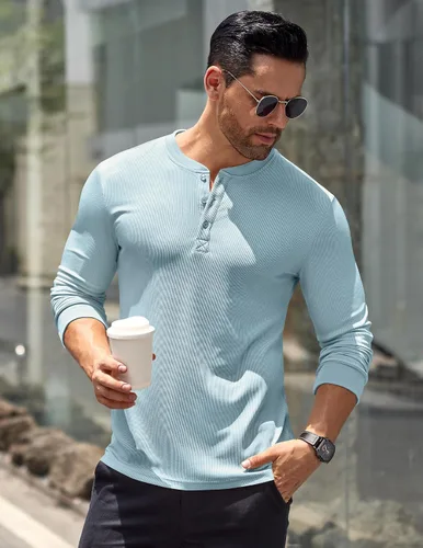 Vista 89 de COOFANDY Camisas Henley de manga larga para hombre, camisetas elásticas acanaladas, camisetas básicas casuales de moda