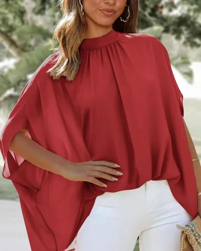 Vista 20 de BTFBM Blusas de verano para mujer, cuello alto falso, manga murciélago, holgadas, dobladillo alto y bajo, blusas informales de gran