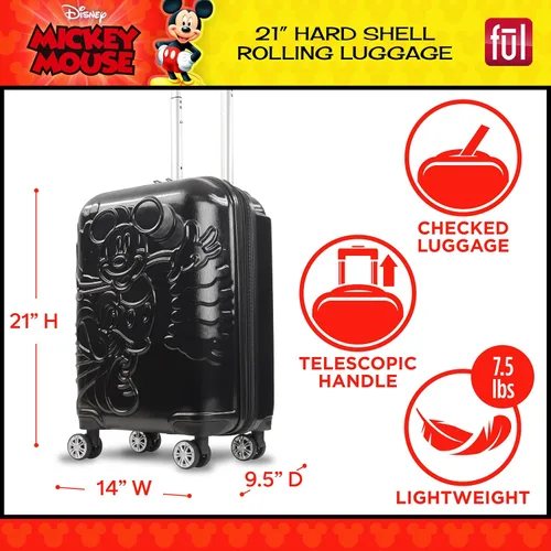 Vista 2 de FUL Disney Mickey Mouse - Maleta rígida moldeada con ruedas giratorias, Negro -, Disney Mickey Mouse - Maleta con ruedas moldeada, carcasa rígida