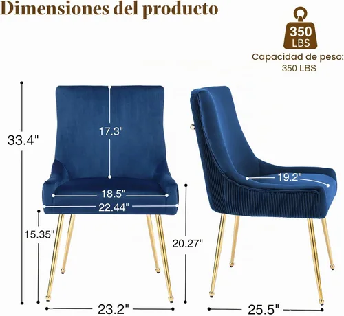 Vista 3 de adochr Juego de 2 sillas de comedor de terciopelo con patas de metal dorado 2-Azul oscuro