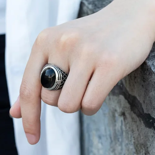 Vista 6 de SKOOMEN Anillo de plata de ónix negro para hombre, anillo ovalado grande con caja de joyería, joyería fina para hombre con piedras preciosas