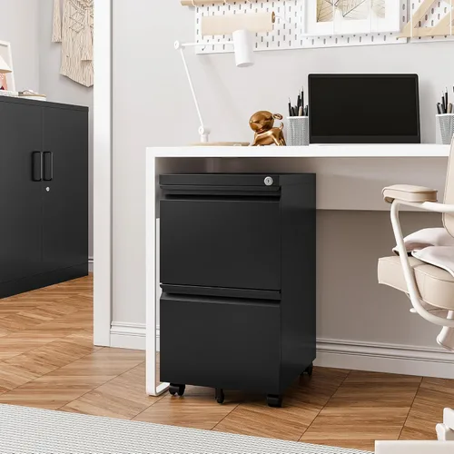 Vista 2 de Archivador móvil con cerradura, 2 cajones, pequeño gabinete rodante para oficina en casa, legal/carta/A4 (negro)