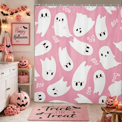 Vista 13 de Happy Halloween Shower Curtain,Bowknot Snowflake Pattern Bathroom Curtains,Sweet Ghost Holiday Theme Waterproof Bath Curtain,Black Bathroom Curtains