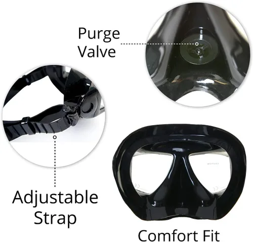 Vista 6 de EVO Hammerhead+ - Máscara de buceo panorámico de 4 lentes con válvula de purga, buceo libre, esnórquel, máscara de buceo para hombres y mujeres Negro