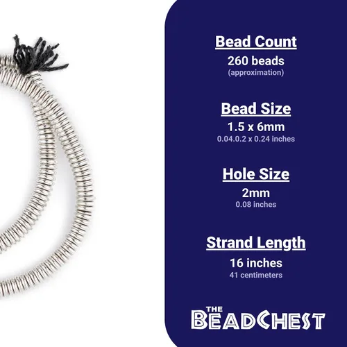 Vista 4 de TheBeadChest - Cuentas Heishi lisas extra grandes de plata brillante de 0.236 in, metal blanco, agujero grande, hebra de 16 pulgadas