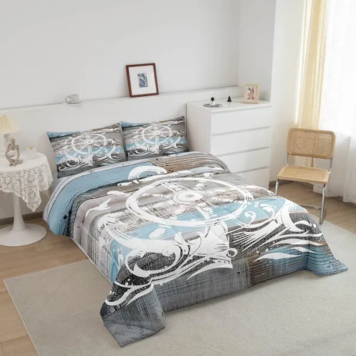 Vista 2 de Erosebridal Juego de edredón de ancla náutica, juego de ropa de cama con brújula oceánica, tamaño individual para niños, adolescentes y adultos