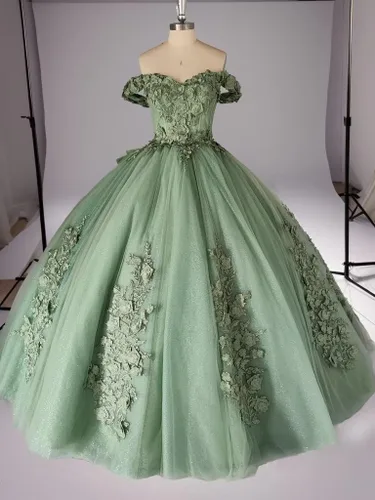 Vista 2 de XYAYE Vestidos de quinceañera con hombros descubiertos, vestido de baile, apliques de encaje brillante, dulce 15 16 vestidos de princesa vestidos