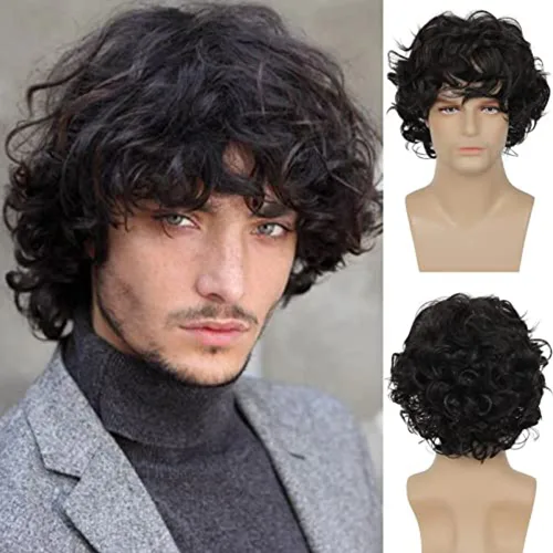 Vista 8 de Pelucas cortas y rizadas marrones para hombres, pelo corto en capas de aspecto natural, resistente al calor, pelucas sintéticas con gorra de peluca