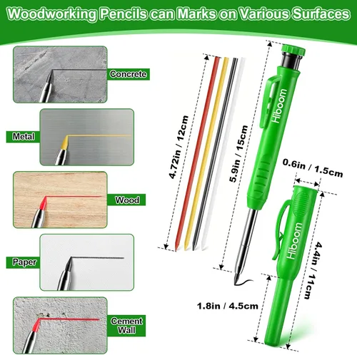 Vista 3 de Hiboom - Paquete de 3 lápices de carpintero con 36 recambios de sacapuntas integrados Concrete Wood Metal, Deep Marking, Multi-Color Refills