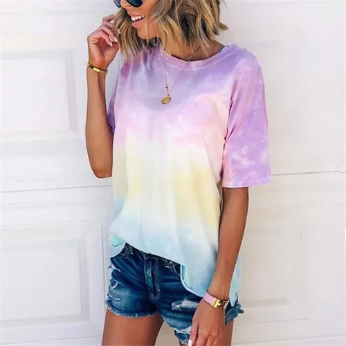 Vista 5 de Tie-Dye Camisas Mujer Fashio Camiseta Manga Corta Tops Cuello Redondo Camiseta suelta Túnica Esconder el vientre básico