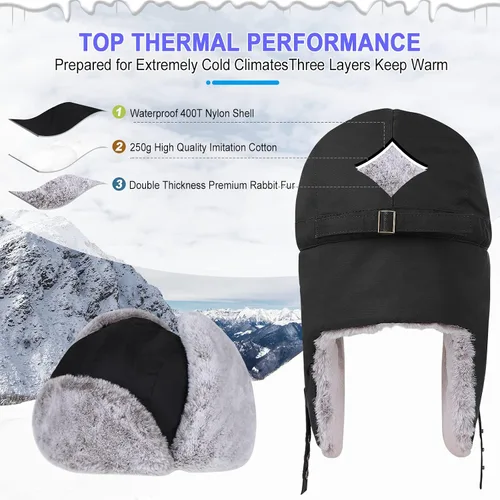 Vista 2 de POL PARKMAN Sombrero de trampero de invierno para hombres y mujeres, sombrero de aviador ruso Ushanka cálido frío para esquí, caza, negro, Negro