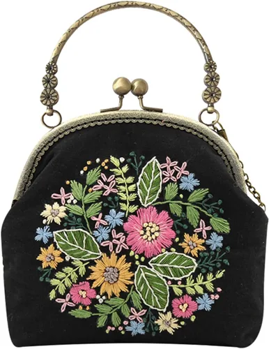 Vista 9 de Patrón de flores bordadas de bricolaje, bolsa cruzada, kits de principiantes para adultos, cartera de bricolaje, monedero, bolso, 6.5 in