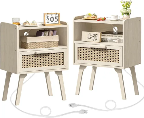 Vista 13 de Lerliuo Rattan Nightstand with Charging Station, Boho Night Stand Natural
