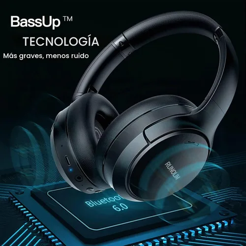Vista 6 de RUNOLIM - Audífonos híbridos con cancelación activa de ruido, inalámbricos con Bluetooth, con micrófono, 70 horas de reproducción, plegables