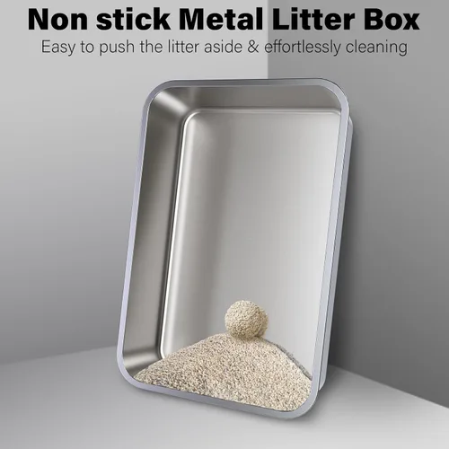 Vista 2 de Caja de arena de acero inoxidable, paquete de 2 cajas de arena de metal para gatos, caja de arena XL de acero inoxidable para gatos de 17.7 x 13.8 x