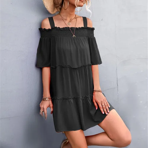 Vista 7 de BONIXOOM Vestido casual de vacaciones para mujer, de verano, con un hombro, con volantes, suelto, minivestido liso, lindo vestido de playa
