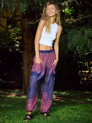 Vista 9 de Happy Trunks Pantalones harén para mujer, pantalones de yoga con bolsillos (S-XXL) ropa hippieropa bohemia para mujersala de playa