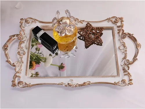 Vista 11 de Bandeja Espejo Decorativa Rectangular Pequeña, Estilo Francés, Organizador de Maquillaje, Organizador de Joyas, Bandeja para Servir, 13" x 7.8