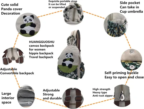Vista 30 de HUANGGUOSHU Mochila de algodón tejida de algodón bohemio con bordado de lona estilo bohemio con múltiples bolsillos retro linda mochila cartera