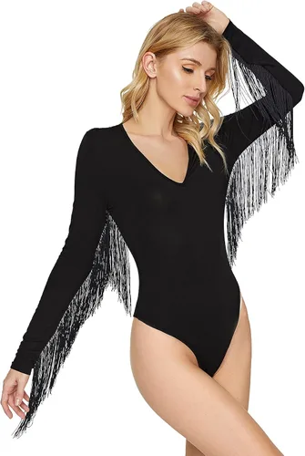 Vista 3 de Verdusa Body de manga larga con cuello en V y ribete de flecos para mujer