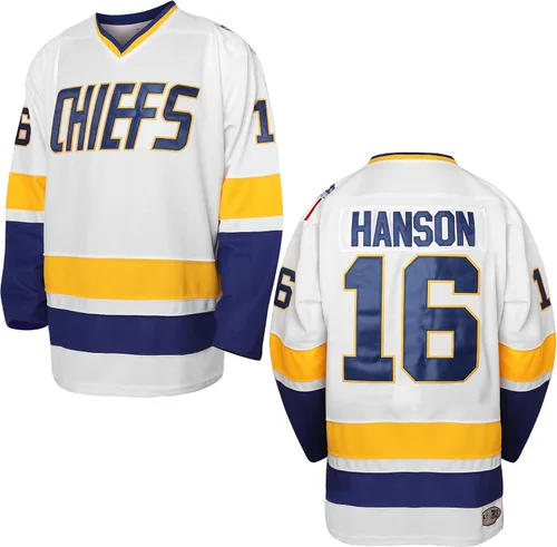 Vista 9 de Hanson Brothers - Camiseta de hockey 16 Charlestown Chiefs 17 Jeff Slap Shot 18, camiseta de hockey de película, azul, blanco, S-3XL
