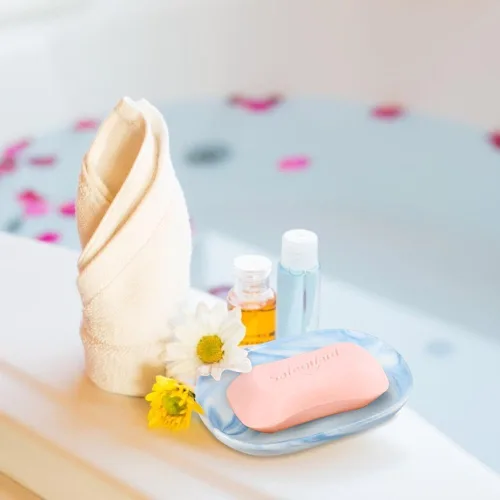 Vista 6 de Jabonera de cerámica hecha a mano, jabonera decorativa con texturas únicas de mármol, soporte antideslizante para barra de jabón para baño y cocina