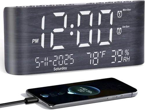 Vista 8 de PPLEE Reloj despertador digital de 8.7 pulgadas para dormitorio, reloj digital con día de la semana, mes, año, humedad y temperatura, brillo