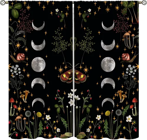 Vista 9 de Cortinas de Ventana Bohemias con Plantas Florales para Dormitorio de Niño y Niña, Cortinas de Ventana Góticas de Jardín Iluminado por la Luna