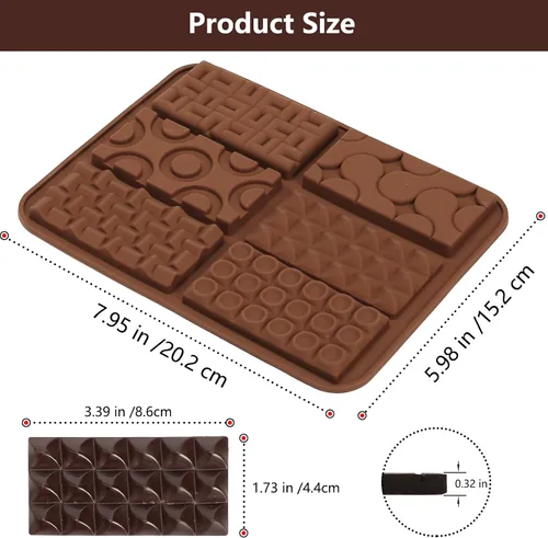 Vista 2 de Molde de barra de chocolate de silicona con 6 patrones, 2 moldes de chocolate de 0.3 pulgadas de profundidad para barra de proteínas y energía