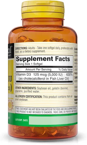 Vista 2 de MASON NATURAL Vitamina D3 125 mcg (5000 UI) - Apoya la salud general, fortalece los huesos y los músculos, del aceite de hígado de pescado, 50