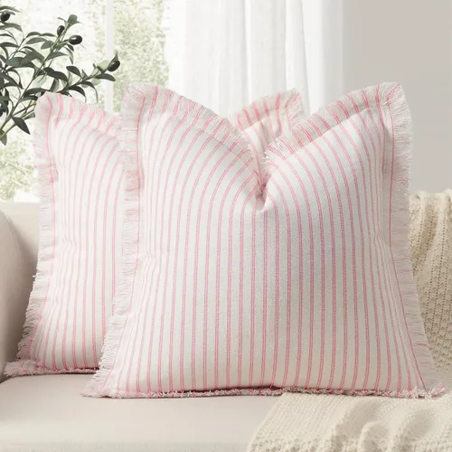 Vista 14 de Fundas de almohada ZWJD de 16 x 16 pulgadas, juego de 2 fundas de almohada a rayas con borlas, fundas de almohada de algodón chic, fundas de cojín