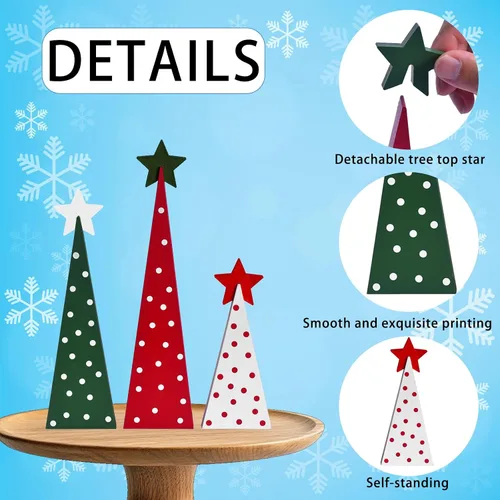 Vista 4 de GHOSTMAGIC 3 piezas de árboles de Navidad de madera, decoración de mesa, letreros rústicos de mesa de árbol de Navidad de doble cara, centros