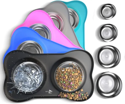 Vista 8 de Active Pets - Juego de tazones para perros, tazones para comida y agua de acero inoxidable a prueba de derrames con alfombrilla de silicona Gris