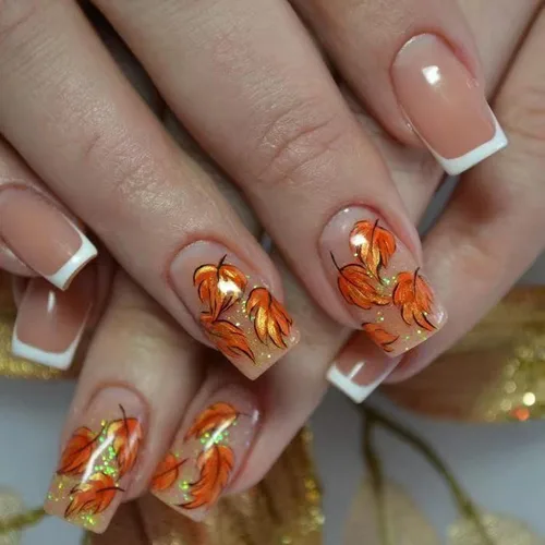 Vista 11 de Uñas postizas a presión de otoño, uñas postizas cortas cuadradas de MABKJLF con diseños de hojas de arce, pegamento brillante en uñas, uñas