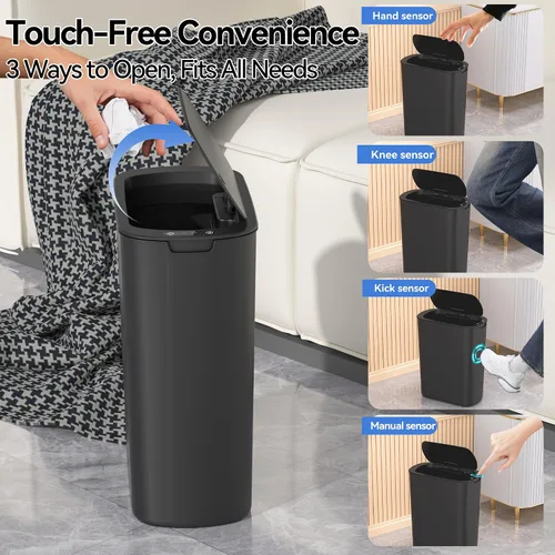 Vista 5 de FRESHLIX Basurero automático de baño de 5 galones con tapa, sensor de movimiento, sin contacto, cubo de basura eléctrico inteligente, delgado